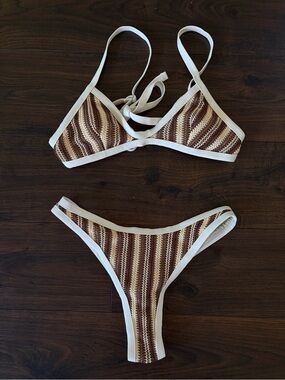 Striped Crochet Bikini Set in Brown and Cream